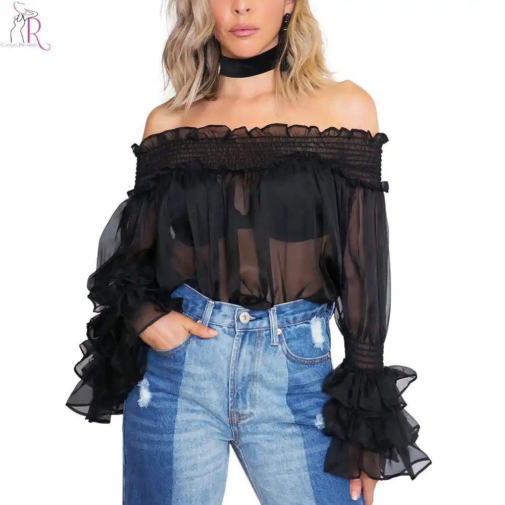off the shoulder sheer chiffon blouse