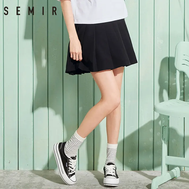 

SEMIR Short skirt for women Korean version of High waist word design skirts Short style college wind Pure sweet thin pleated