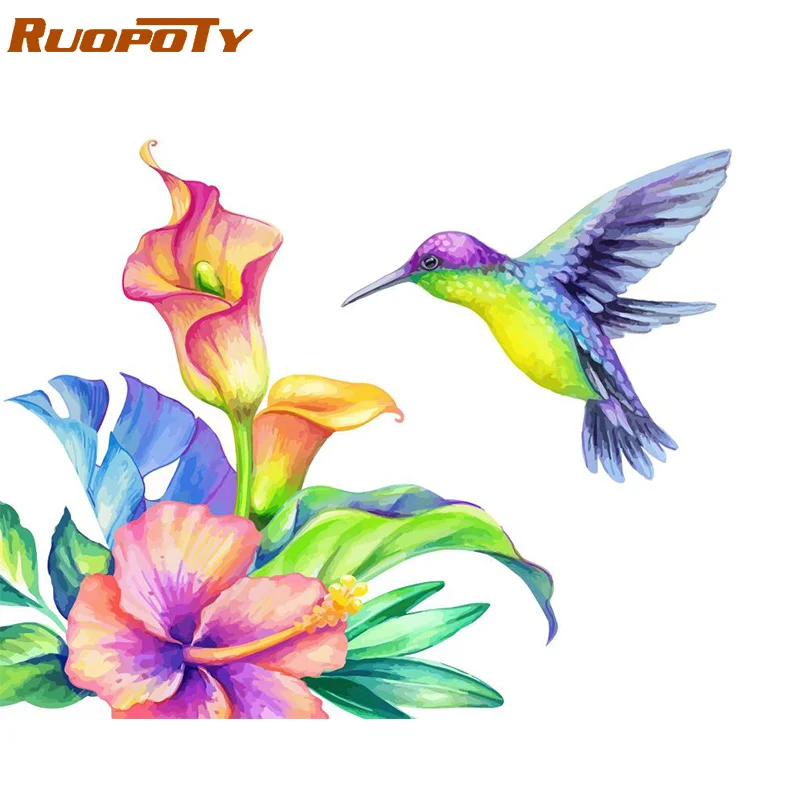 RUOPOTY Frame Birds Flowers DIY Painting By Numbers Acrylic Coloring By Numbers Kit Modern Home Wall Art Picture For Unique Gift