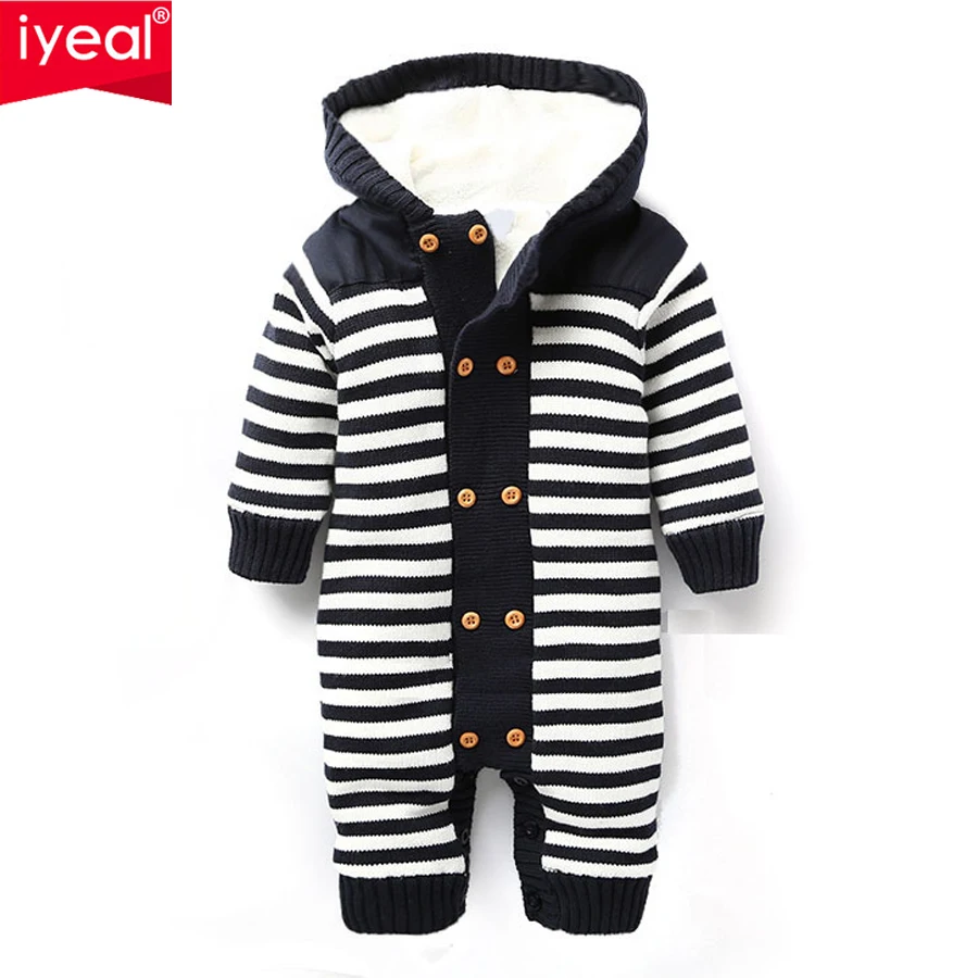 IYEAL Newborn Autumn Baby Rompers Thickened Winter Striped Hooded Knitted Sweater Warm Overalls Fleece Coat for Baby Girl Boy