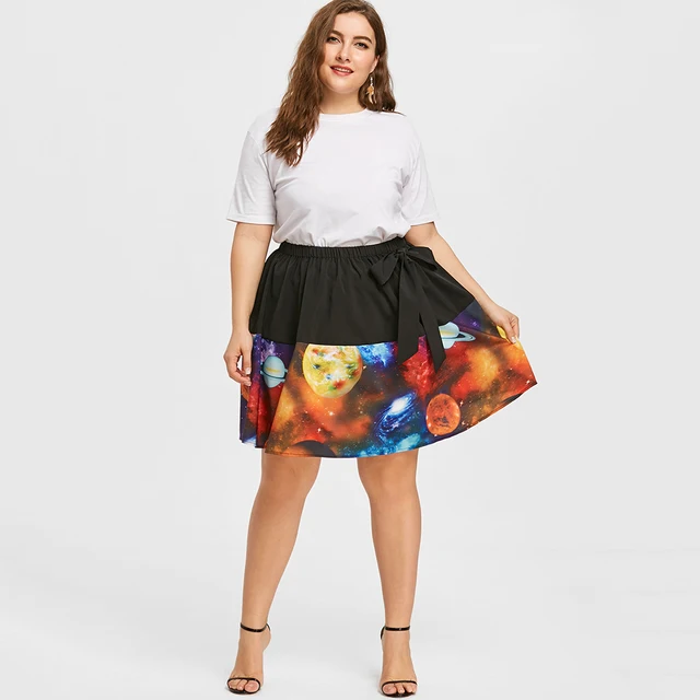 Wipalo Plus Size 5XL Bowknot Galaxy Planet Print Skirt Summer Casual Elastic Waist A-Line Women Skirts Big Size Women Clothes