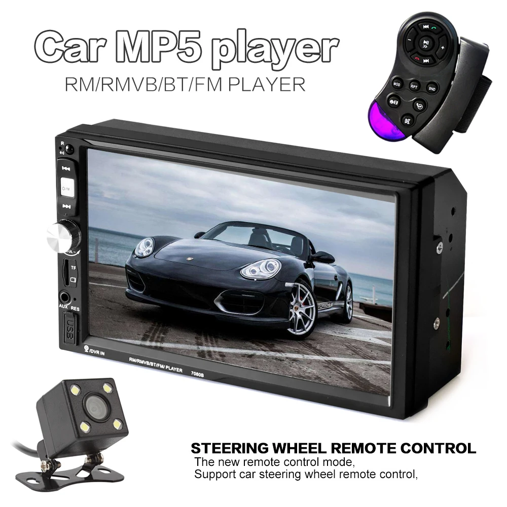 

7060B 7'' HD 2 Din Bluetooth Car Audio Stereo FM MP5 Player with Touch Screen and Rearview Camera Support AUX / USB / TF / Phone