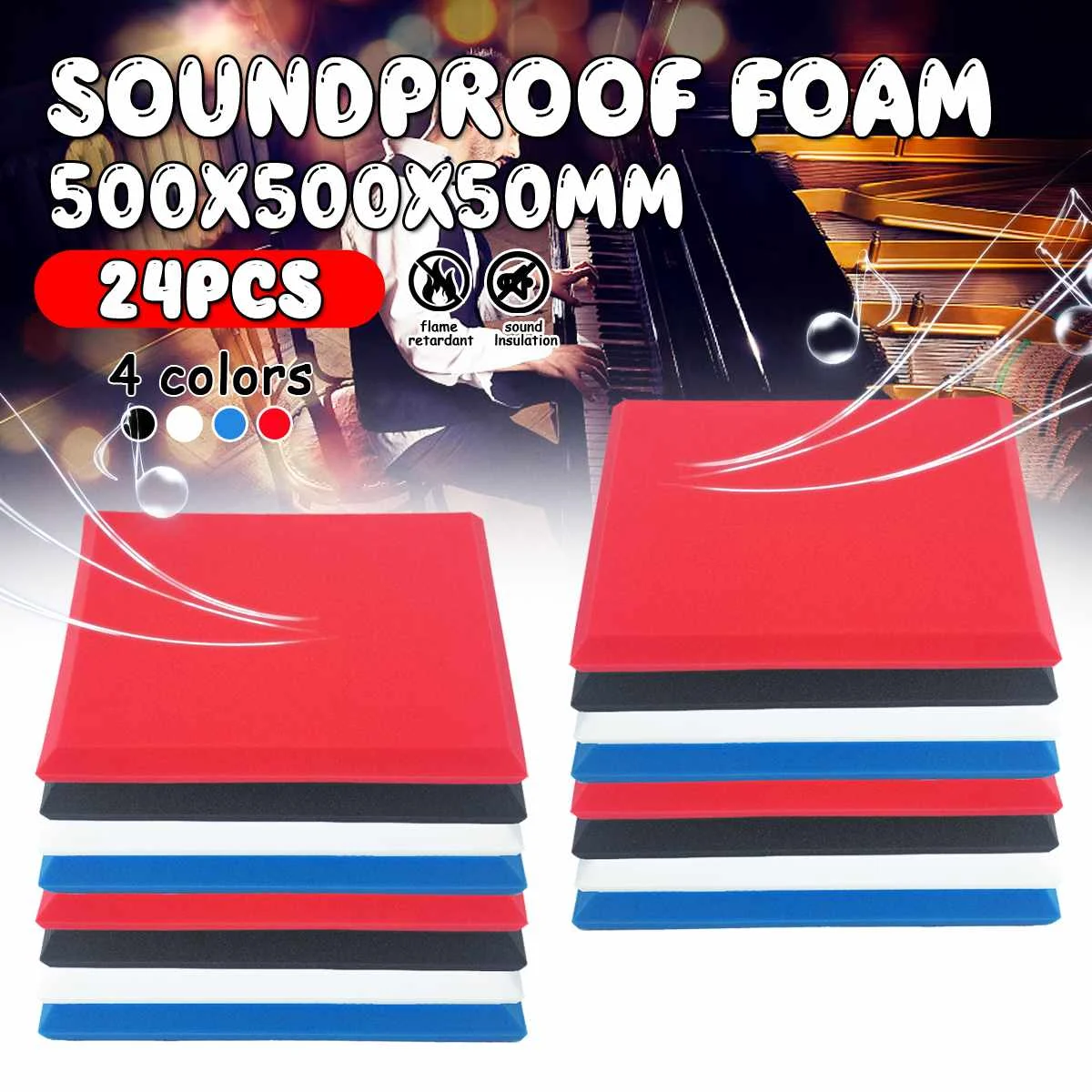 

24PCs 50x50x5cm Studio Acoustic Soundproof Foam Sound Absorption Treatment Panel Tile Wedge Protective Sponge 4 Colors