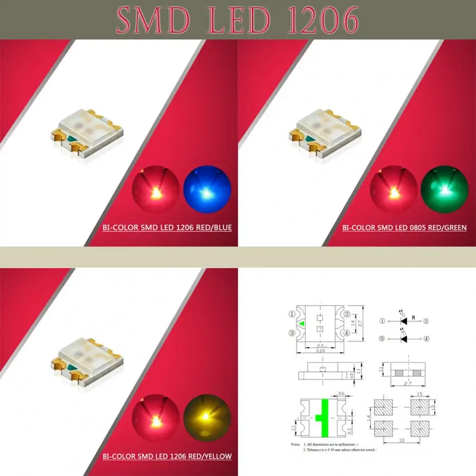

100pcs SMD LED 1206 Bi-Color Red/Blue or Red/Yellow or Red/Green LEDs NEW 1/35 model train railway modeling