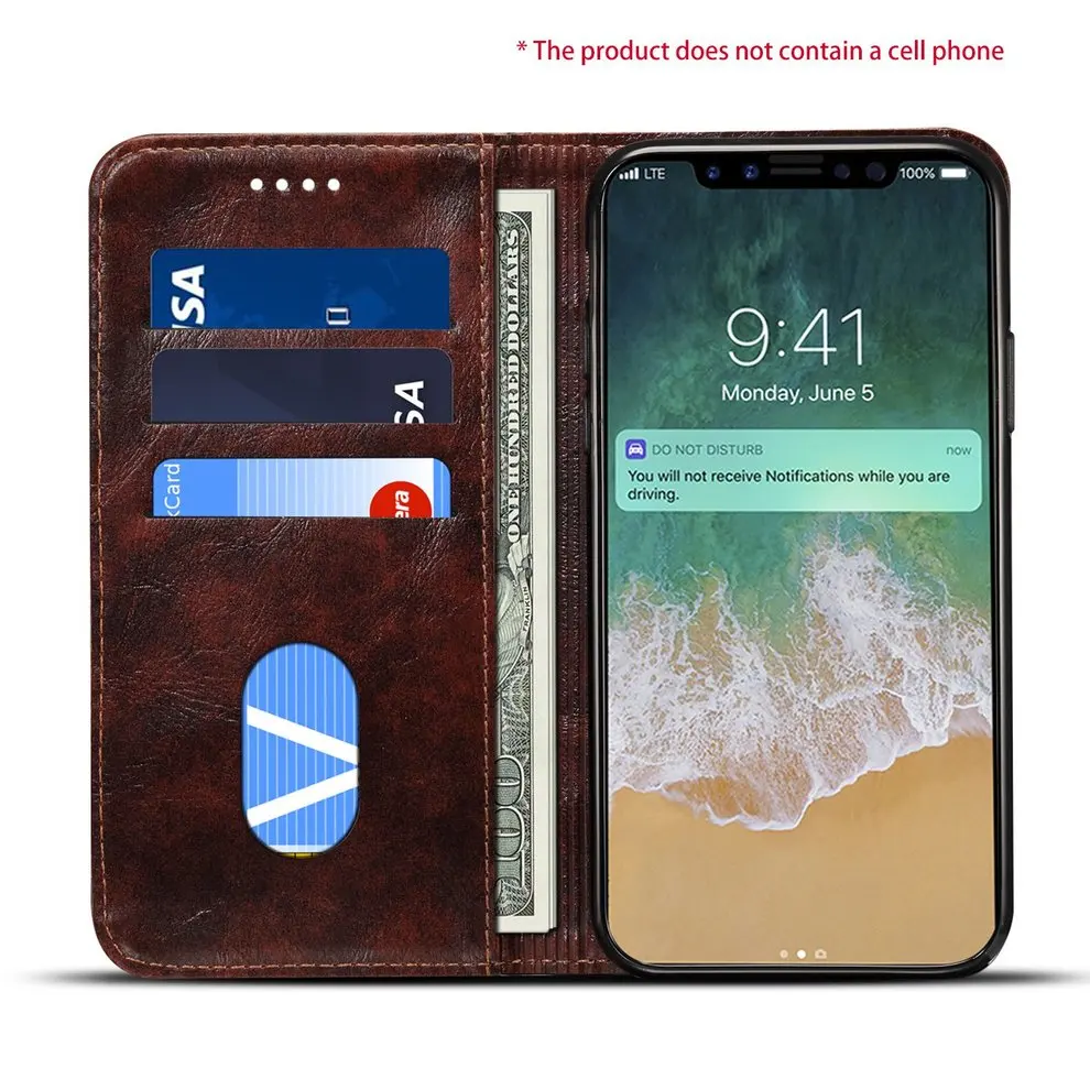 

10 PCS Simple Style Dark brown Phone Case Wear Resistant Leather Cover With Stand and Card Slots Cash Organizer For iPhone X