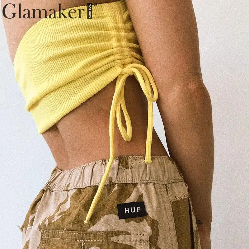 Glamaker Knitted tube tank top women streetwear Summer style bustier sexy top female Yellow knit top crop short tanks cami