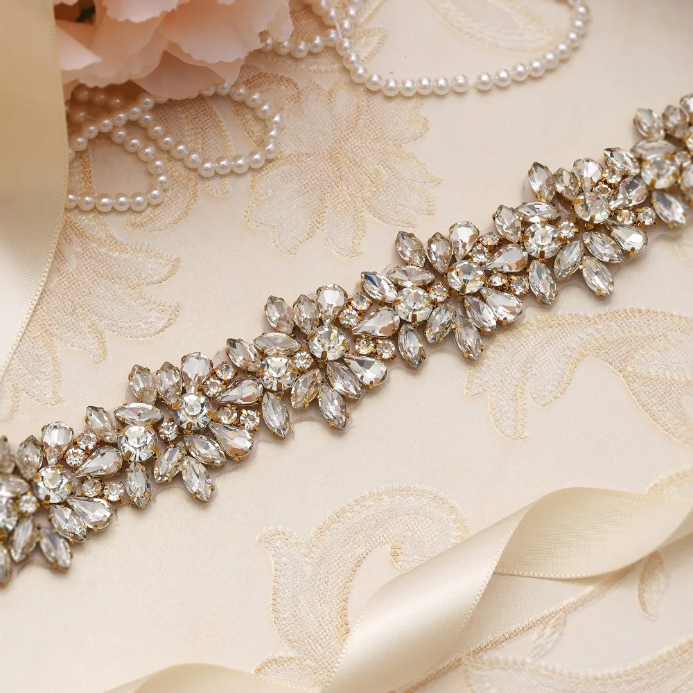 

yanstar Rhinestones Flower Belt Handmade Diamond Wedding Belt Sash Gold Crystal Bridal Belt For Wedding Dresses XY817
