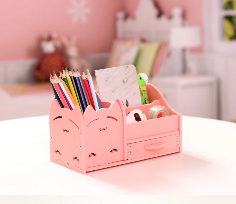 Многофункциональная розовая деревянная коробка для хранения косметики для девушек, Студенческая настольная коробка для хранения ручек, креативный Модный Маленький Шкаф
