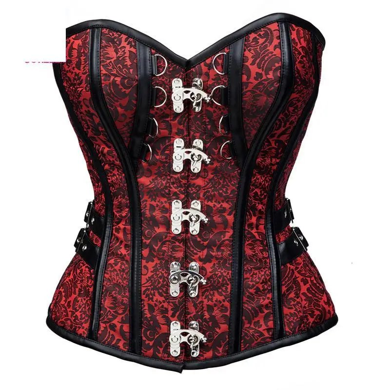 Redblack Brocade Steampunk Corset Dress Couture Gothic Clothing Steel Boned Corsets Victorian 