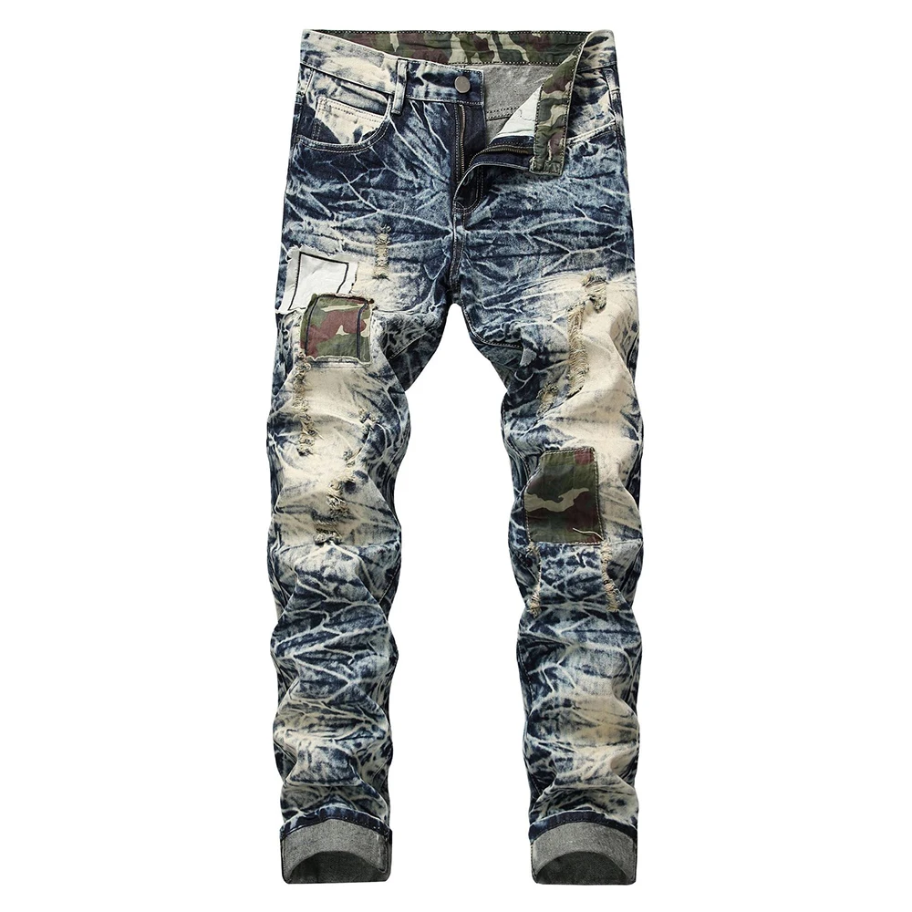 Sokotoo Men's snow washed patchwork holes ripped jeans Plus big size vintage patch slim straight denim long pants Sokotoo Men's snow washed patchwork holes ripped jeans Plus big size vintage patch slim straight denim long pants