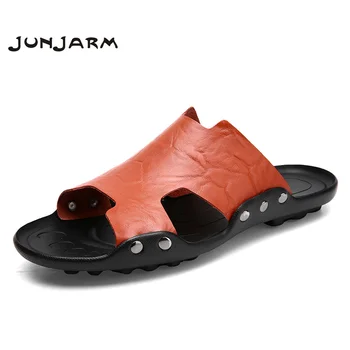 

JUNJARM Brand Men Sandals Cool Slippers Summer Flip Flops Men Beach Shoes Leather Sandalias Zapatos hombre Big Size 38-47