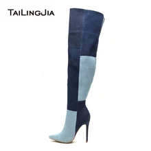 2016 New Arrival Blue Denim Boots Women Pointy Toe High Heel Over The Knee Boots Patchwork Thigh High Boots Zipper Long Boots jeans denim gladiator fringe blue over the knee high thigh high autumn boots sexy open toe chunky heel women boots