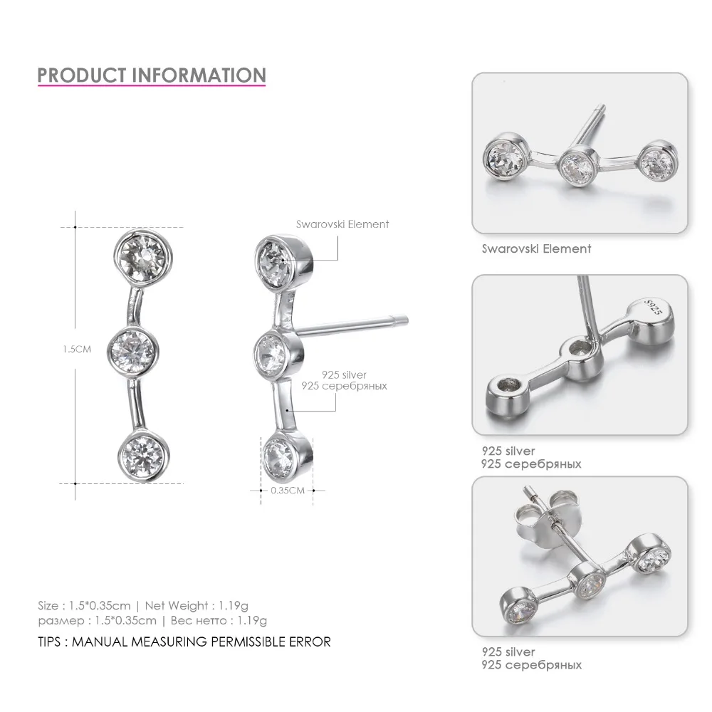 Fashion Stud Earrings Real Pure 925 Sterling Silver Earring For Women Luxury Three Cubic Zirconia Pierced Earring Fashion