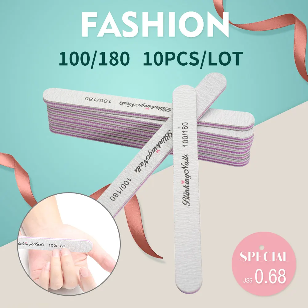 

BlinkingNails Nail File 100/180 10pcs Lima Nail Files Disposable Sandpaper Banana Filing Nails Straight Line Shaped