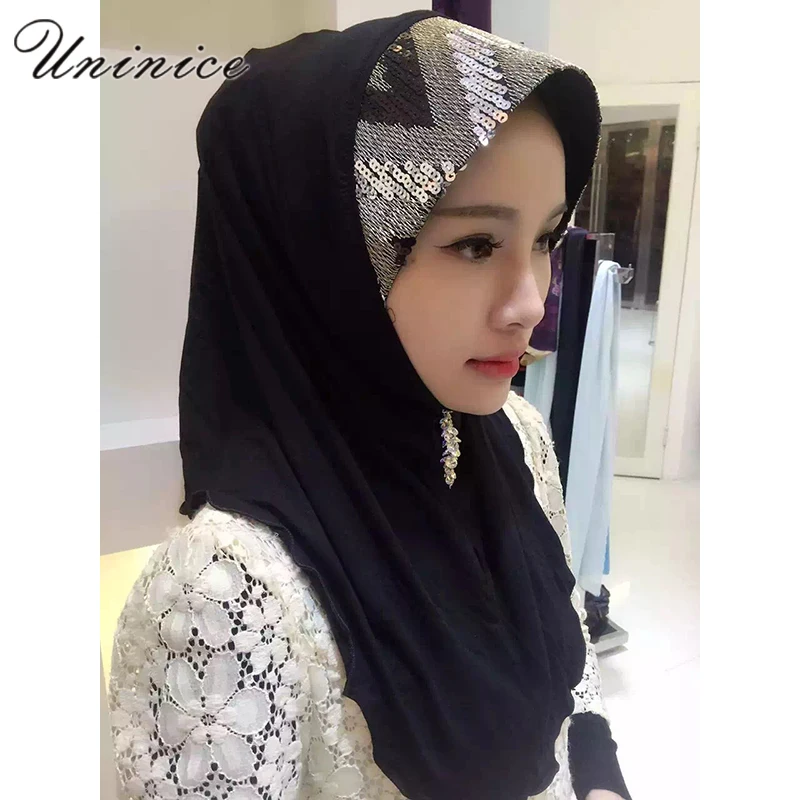 

Muslim Women's Hijab Sequins Scarf Hooded Instant Wraps Bandanas Caps Slip On Shawl Headscarf Abaya Brim Headgear Arab Islamic