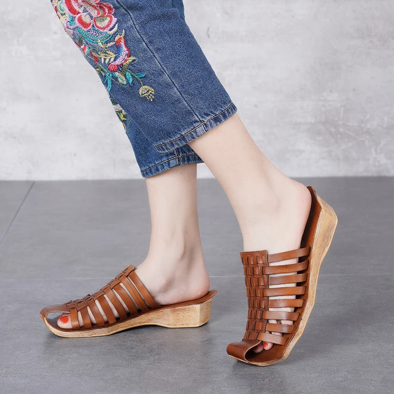

2019 VALLU Women Outside Slippers Peep Toes Handmade Cut Out Vintage Genuine Leather Lady Slide Shoes