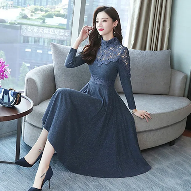 M 3XL Korean Women Dress A line Office Lady Lace Dress Mid calf Solid ...