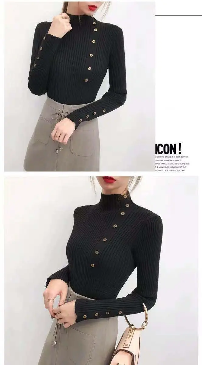 New Fashion Button Turtleneck Sweater Women Spring Autumn Solid Knitted Pullover Women Slim Soft Jumper Sweater Female Knit Tops