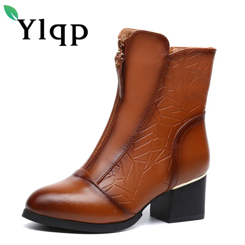 

Ylqp 2017 New Female Winter Big Size Genuine Leather Ankle Boots For Women Fashion Med Heels Soft Plush Warm Boots Ladies Shoes