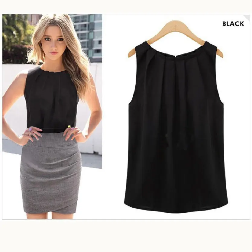 

summer Women Fashion Chiffon tank top solid Round neck sexy tropical Wrinkle sleeveless top women Plus Size tank top