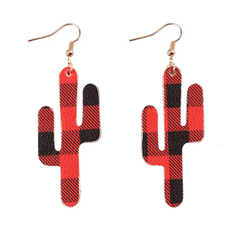 

ZWPON 2019 Buffalo Plaid Southwest PU Leather Cactus Earrings for Women Fashion Summer Jewelry Leather Teardrop Earing Wholesale