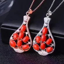 Натуральные красные коралловые драгоценный кулон S925 Серебряный натуральный драгоценный камень кулон Цепочки и ожерелья Модные Лаки идентичность бутылка женские вечерние ювелирные изделия
