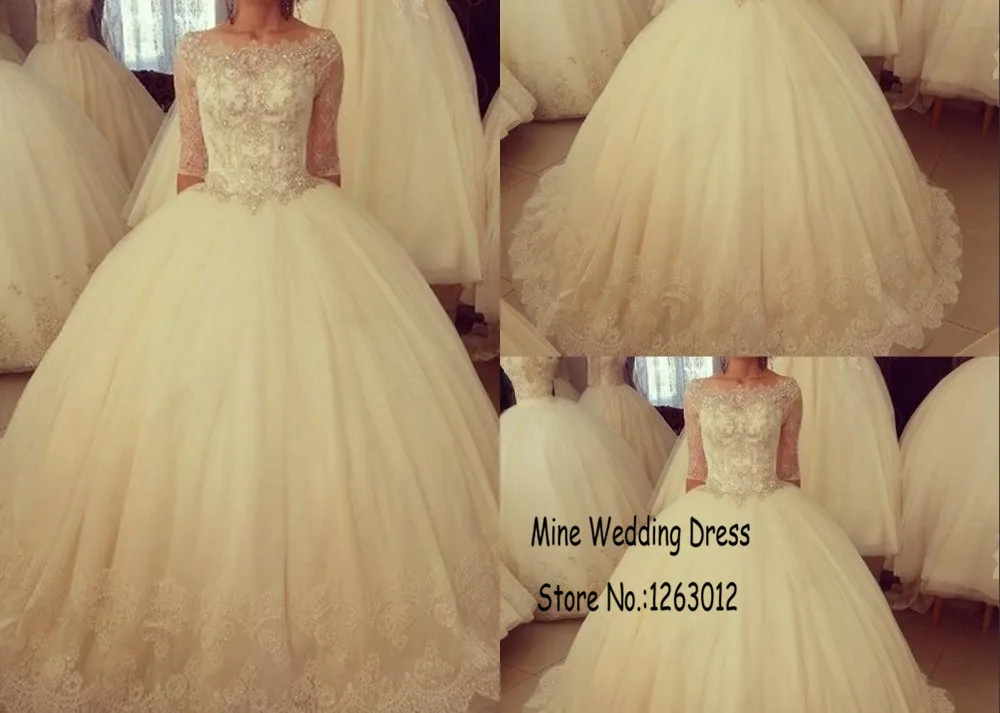 Bateau Escote Mas El Tamano Magnifico Impresionante Encaje Bordoneado Vestidos Novia De Cristal Con 1 2 Manga Del Vestido De Bola Vestidos De Novia En Vestidos De Novia De Bodas Y Eventos