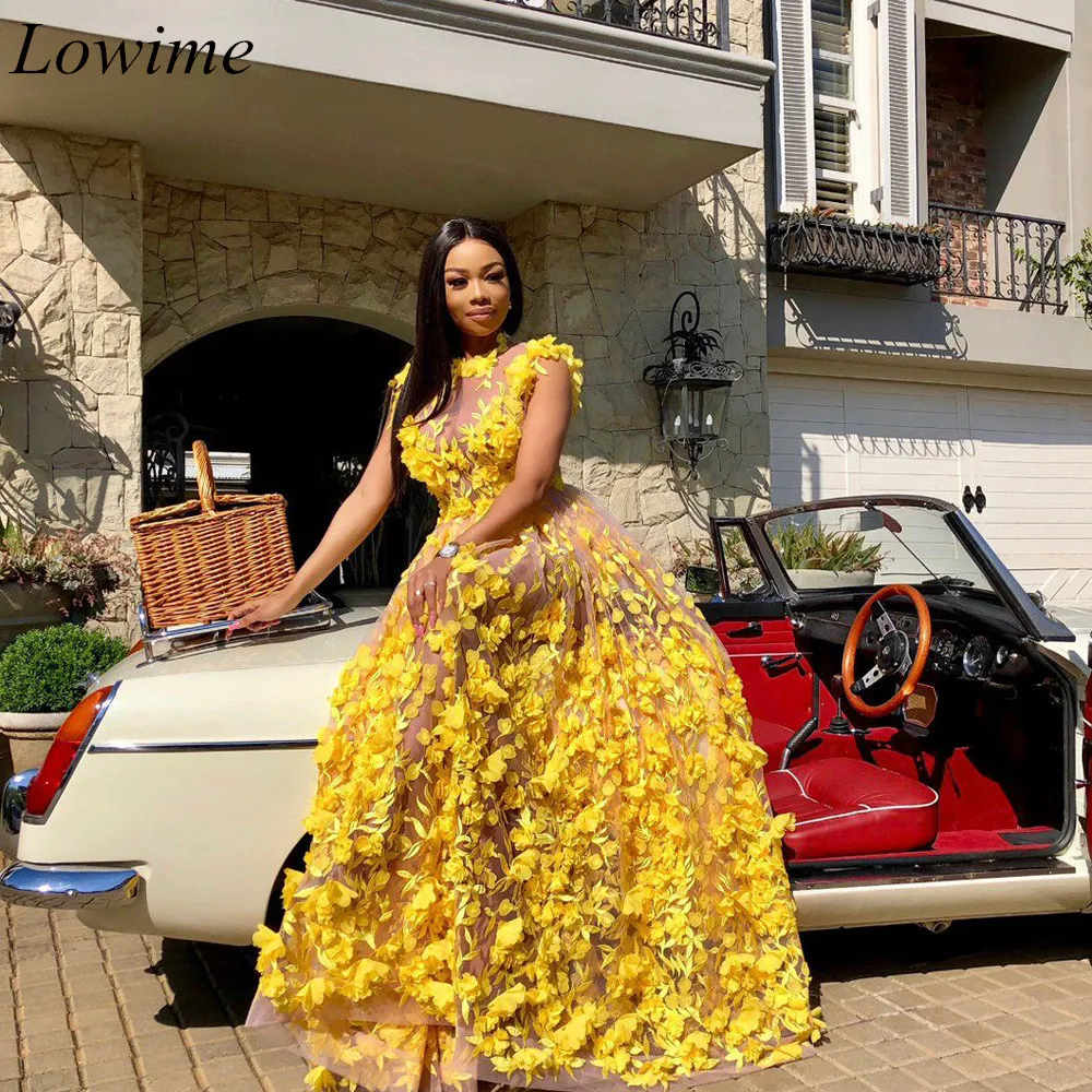 Новые африканские желтые Большие размеры платья для выпускного вечера Длинные Иллюзия цветы без рукавов сексуальные вечерние платья для выпускного вечера прозрачные