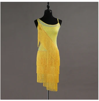 

Yellow Fringed Women Latin Dance Dress Sparkly Rhinestones Competition Performance Clothing Female Adult Rumba Salsa Dresses