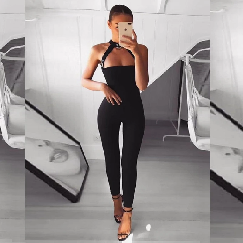 

2018 New Design Black Women Elegant Night Celebrity Party Sleeveless Backless Sexy Bandage Jumpsuit Bodycon Strapless Wholesale