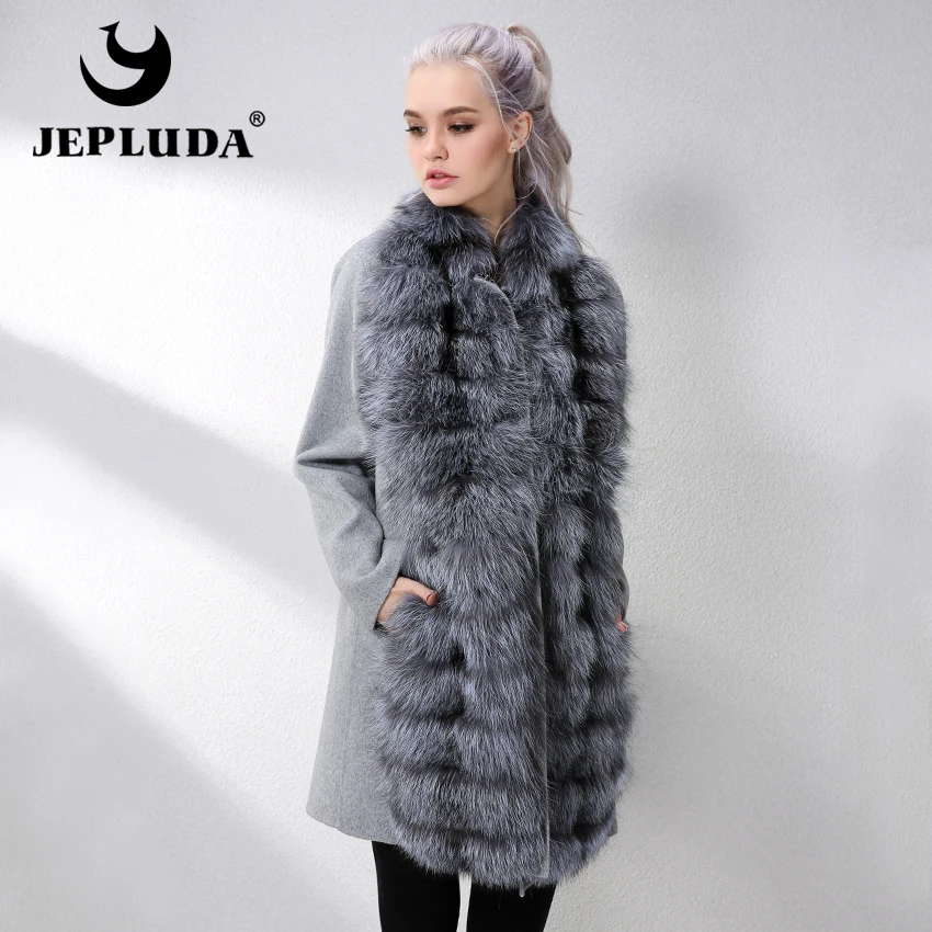 JEPLUDA Новый Кашемировое Пальто Женщин с Натуральной Мех Лисы Женское Шерсть