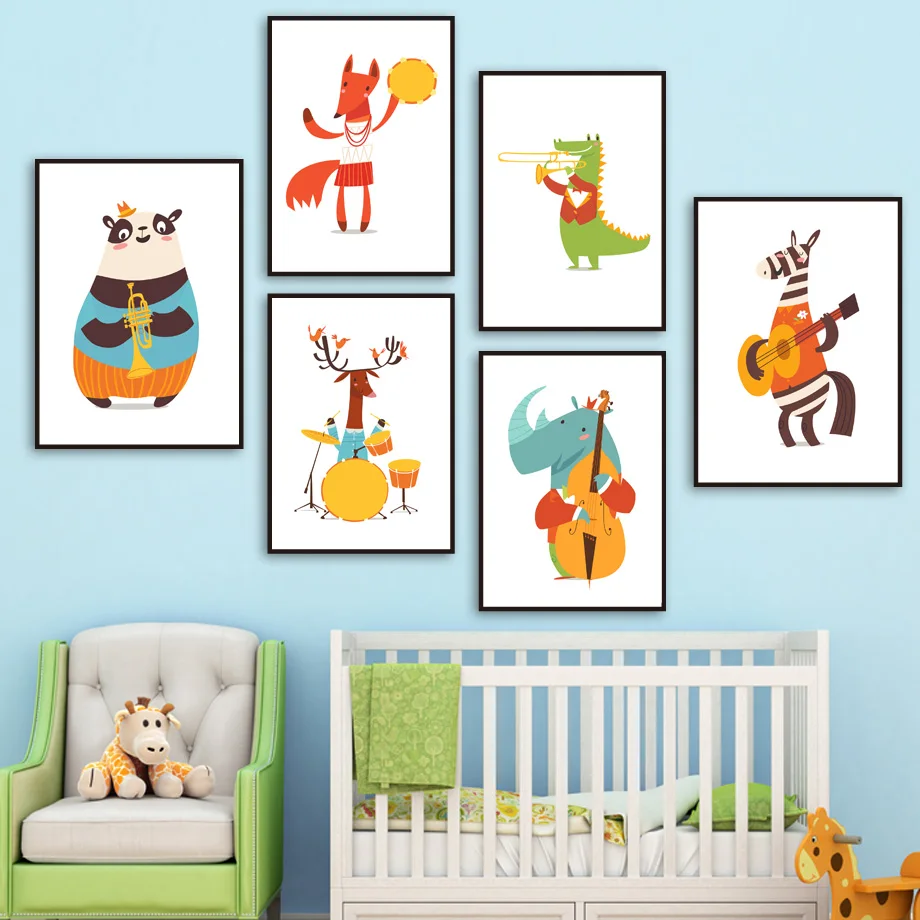 

Animal Band Drummer Fox Deer Panda zebra Wall Art Canvas Painting Nordic Posters And Prints Wall Pictures Baby Kids Room Decor