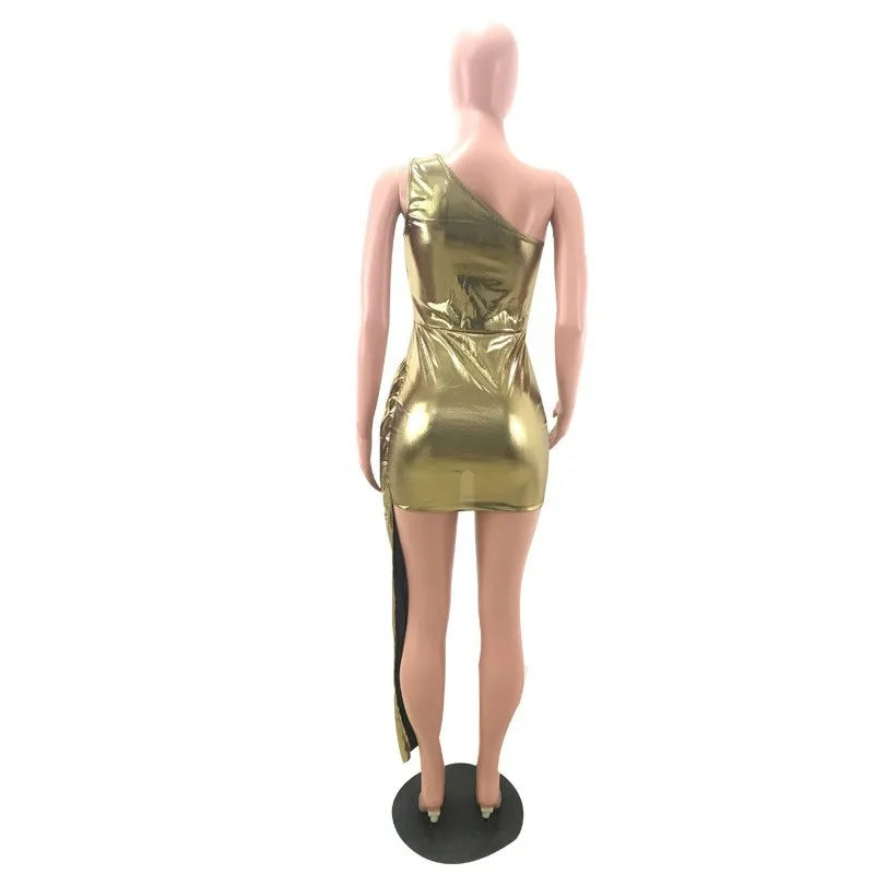 Золотое металлическое сексуальное облегающее платье, женское модное платье с вырезами на одно плечо, тонкое ДРАПИРОВАННОЕ мини-платье, Короткие вечерние платья для ночного клуба