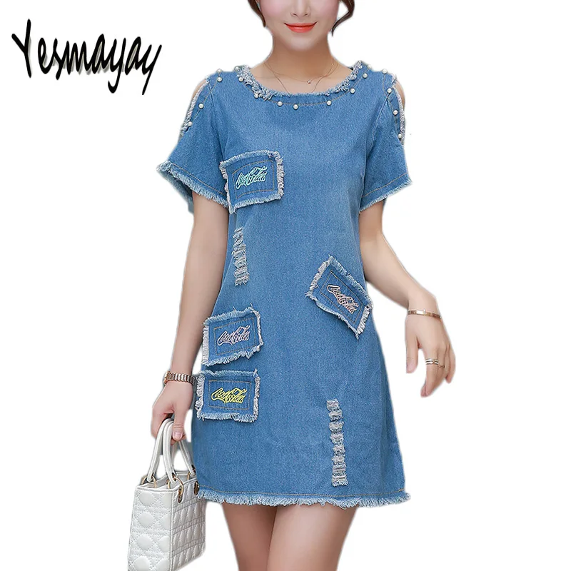 

Sexy Off Shoulder Summer 5XL Plus Size Jeans Denim Dress Vestidos Women Casual Slim Girls Mini Shirt Denim Dress 2018 Dresses