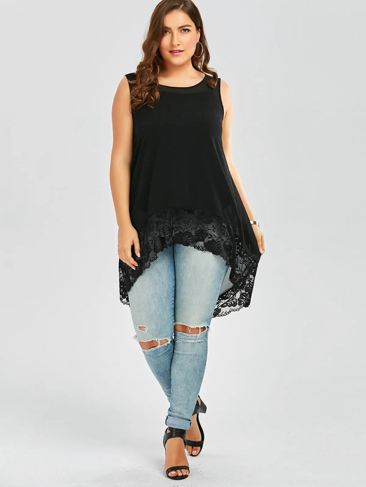 2018 Plus Size Lace Trim Chiffon Flowy High Low Top Summer Tank Top ...