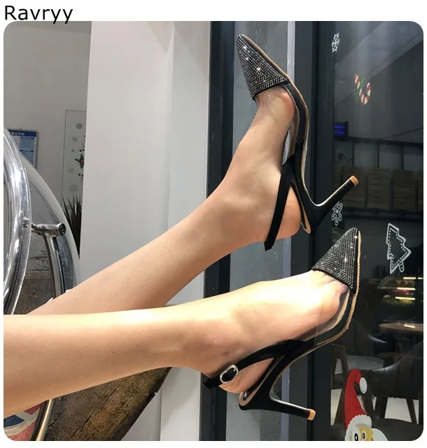 

Twinkling black Woman high heels Pointed Toe rhinestone Decor female single shoes sandals OL lady out fits party dress shoes