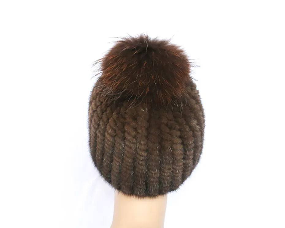 Зимние шапки для Дамская Мода норковая шляпа из натурального меха женские головные уборы из шерсти большого размера мяч вязаные Skullies шапки