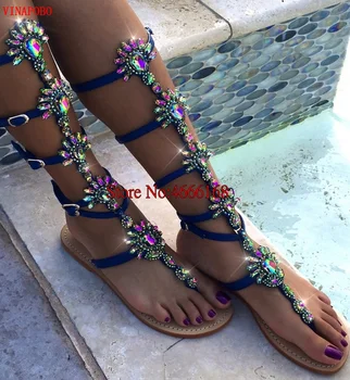 

Hot Women Sandals 2019 Flip Flop Knee High Flat Gladiator Sandals Women Fashion Crystal Rhinestone Backle Strap Wedding Sandals