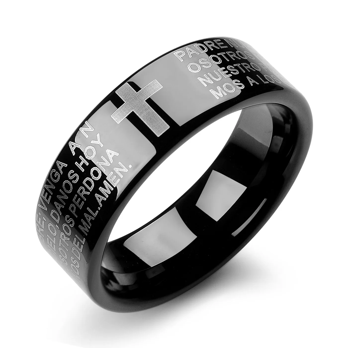 High Quality Scratch Resistance Men Black Tungsten Ring Jewelry Bible Cross Prayer Ring
