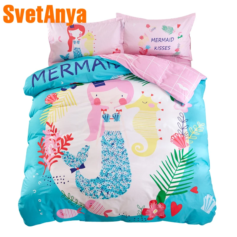 

Mermaid Sheet Pillowcase Duvet Cover Sets Twin Single Queen size Cartoon Kids Teens Bedding Set 3/4pc Bedlinen 100% Cotton