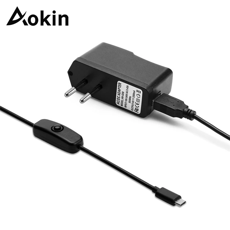 Aokin-Cable adaptador de corriente para Raspberry Pi 3 Modelo B +, cargador Micro USB con interruptor de encendido/apagado, 5V, 2.5A