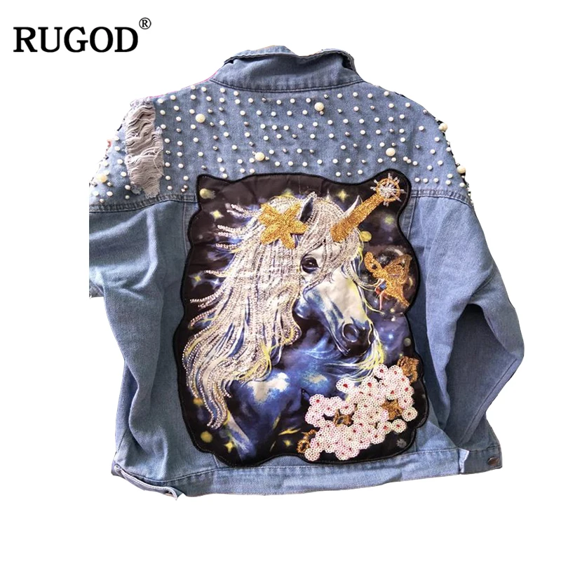 Женская джинсовая куртка RUGOD расшитая бисером с карманами забавным рисунком
