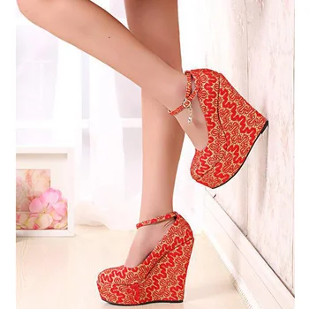 

Fashion Lace Women Wedding Bride Shoes Embroidered 15cm High Heels Wedges Platform Pumps Woman Plus Size 30-43 AWP066