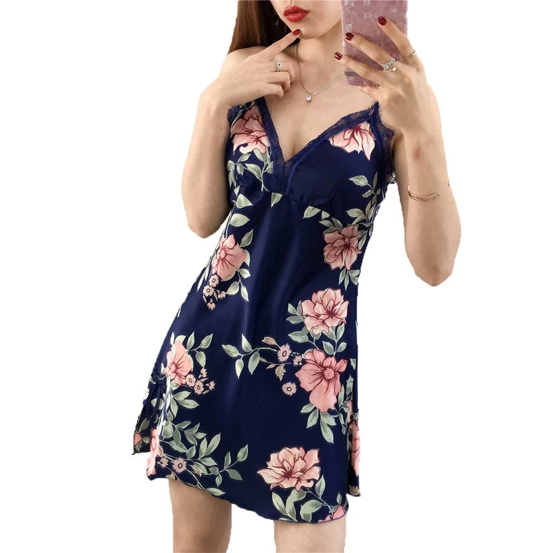 

Women Floral nightshirt Mini Printed Night Dress Girl Silk Lingerie Sexy Lace Night Gowns V-neck Babydoll Lady Pink Home Wear