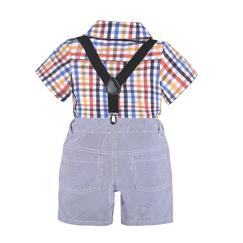 Formal Children Clothes Suit Summer Baby Boys Clothes Short Sleeve Plaid Shirt+Strap Shorts Cotton Kids Clothes 2-7 Years