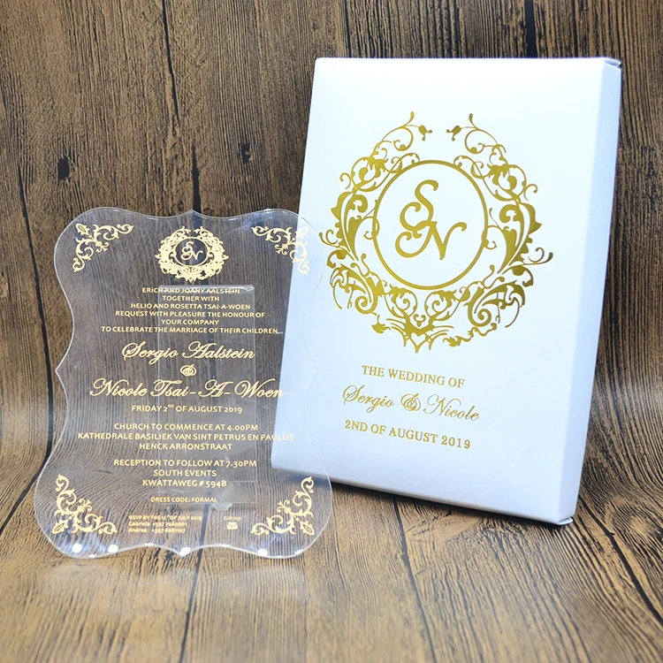  Gold screen printing acrylic wedding invitations with foil box - 33022895635
