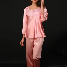 Для женщин атласные шелковые пижамы Весна Вышивка v-образным вырезом Пижама Наборы для ухода за кожей имитация шелка пижамы Pijama Женский