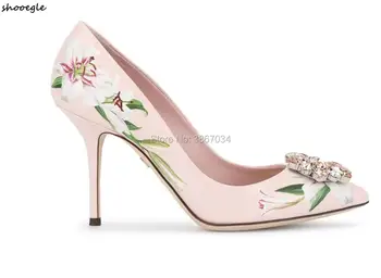 

SHOOEGLE Brand Fashion Ladies Flower Print Shoes Lily Crystal High Heels Floral Leather Stilettos Party Dress Shoes Mujer
