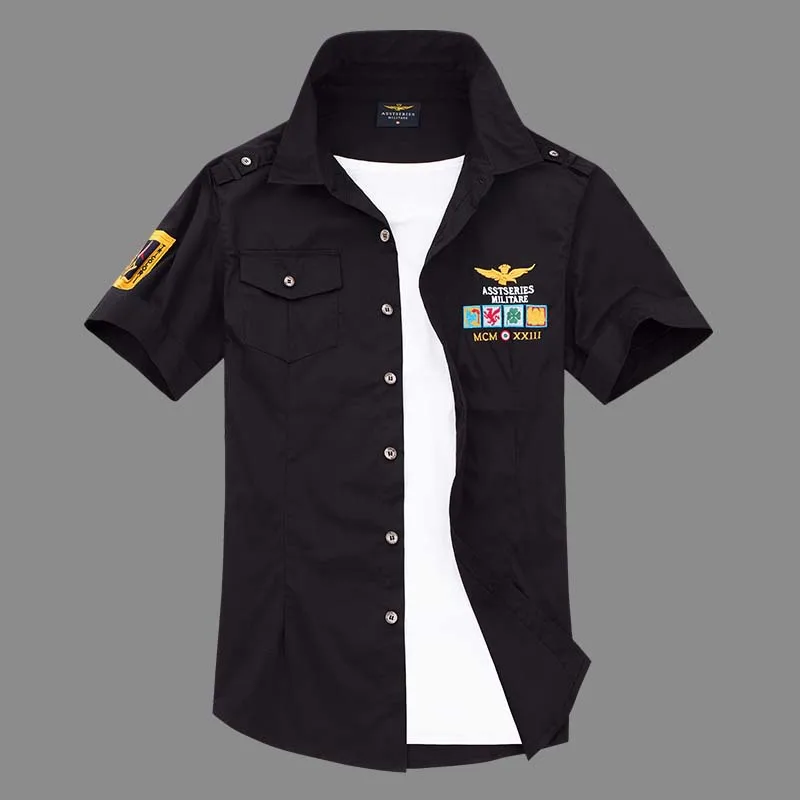 Новинка, военные мужские рубашки с коротким рукавом, 4XL, мужские рубашки с вышивкой, хлопок, ВВС, полит, Повседневная рубашка, Мужская брендовая одежда, рубашка AE18006 - Цвет: Черный