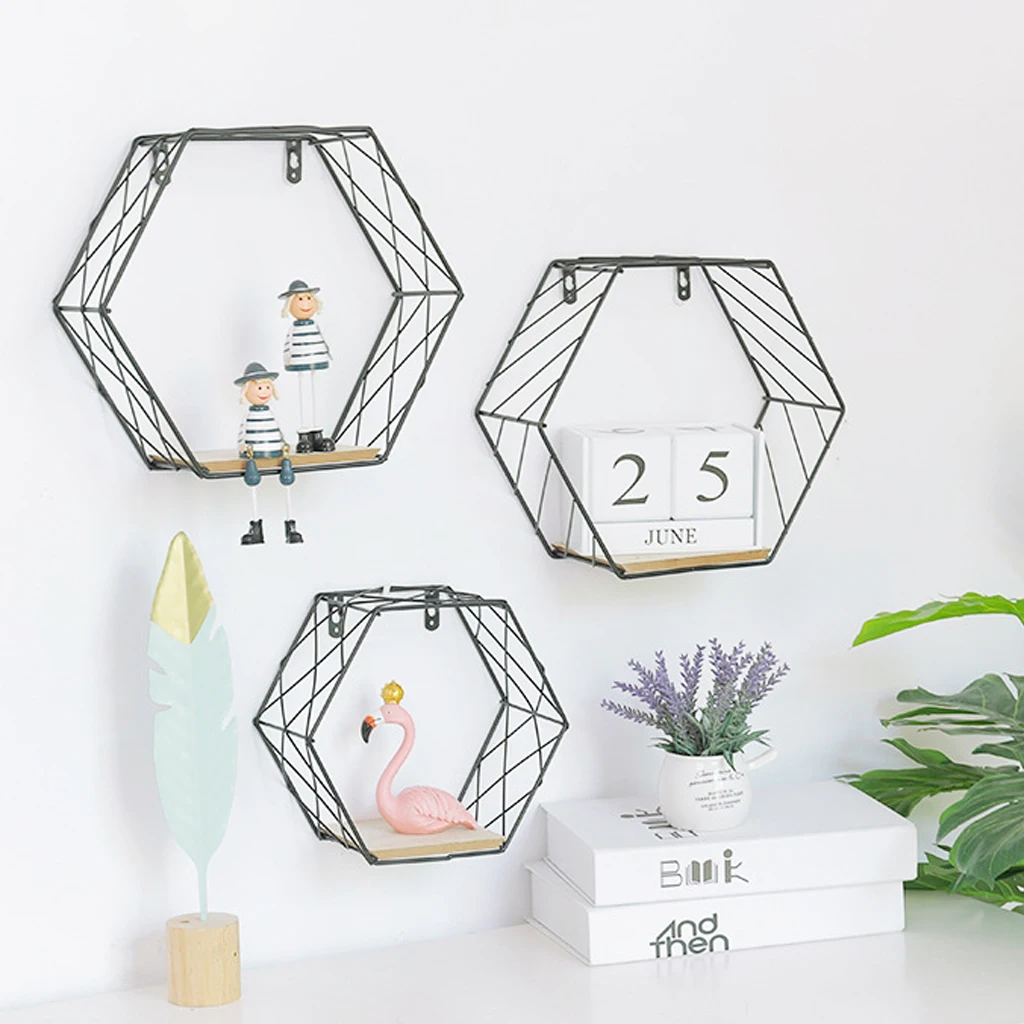 

Art Wood Iron Hexagonal Grid Wall Shelf Combination Wall brief Hanging Geometric Figure Wall Decorate For Living Room Bedroom